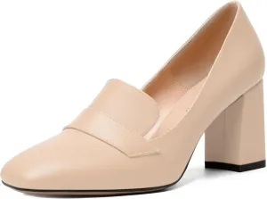 MODENCOCO Womens Sexy Formal Matte Slip On Square Toe Work Block High Heel Loafers Shoes 3.5 Inch