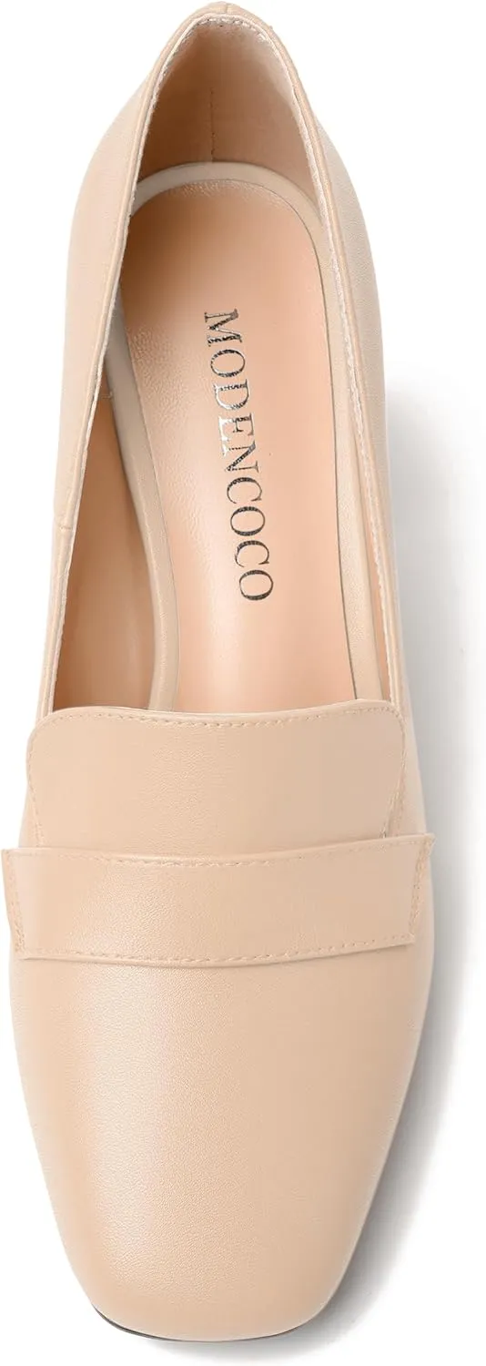 MODENCOCO Womens Sexy Formal Matte Slip On Square Toe Work Block High Heel Loafers Shoes 3.5 Inch