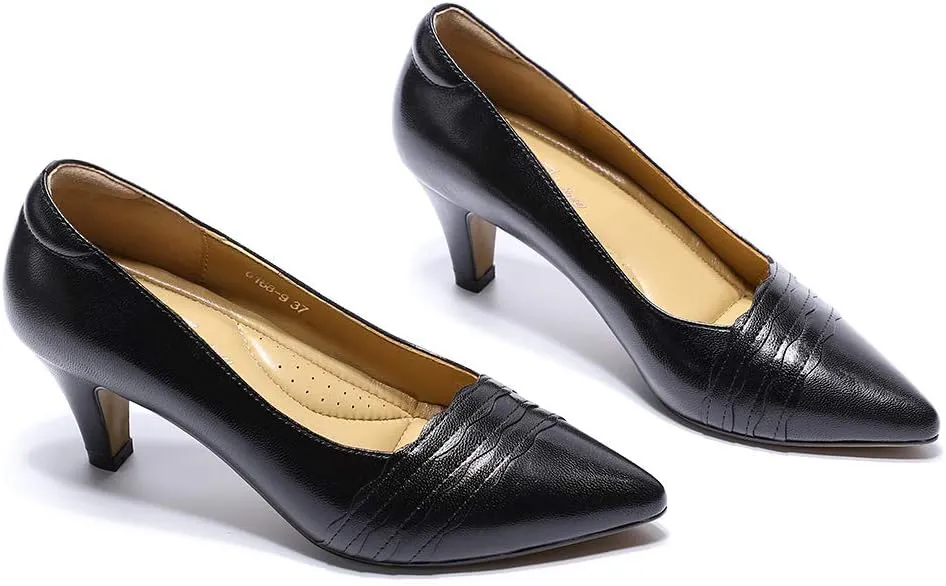 Mona flying Womens Leather Comfortable Pointed Toe Pumps 7cm High Heels Dressy Casual Office Work Shoes for Ladies