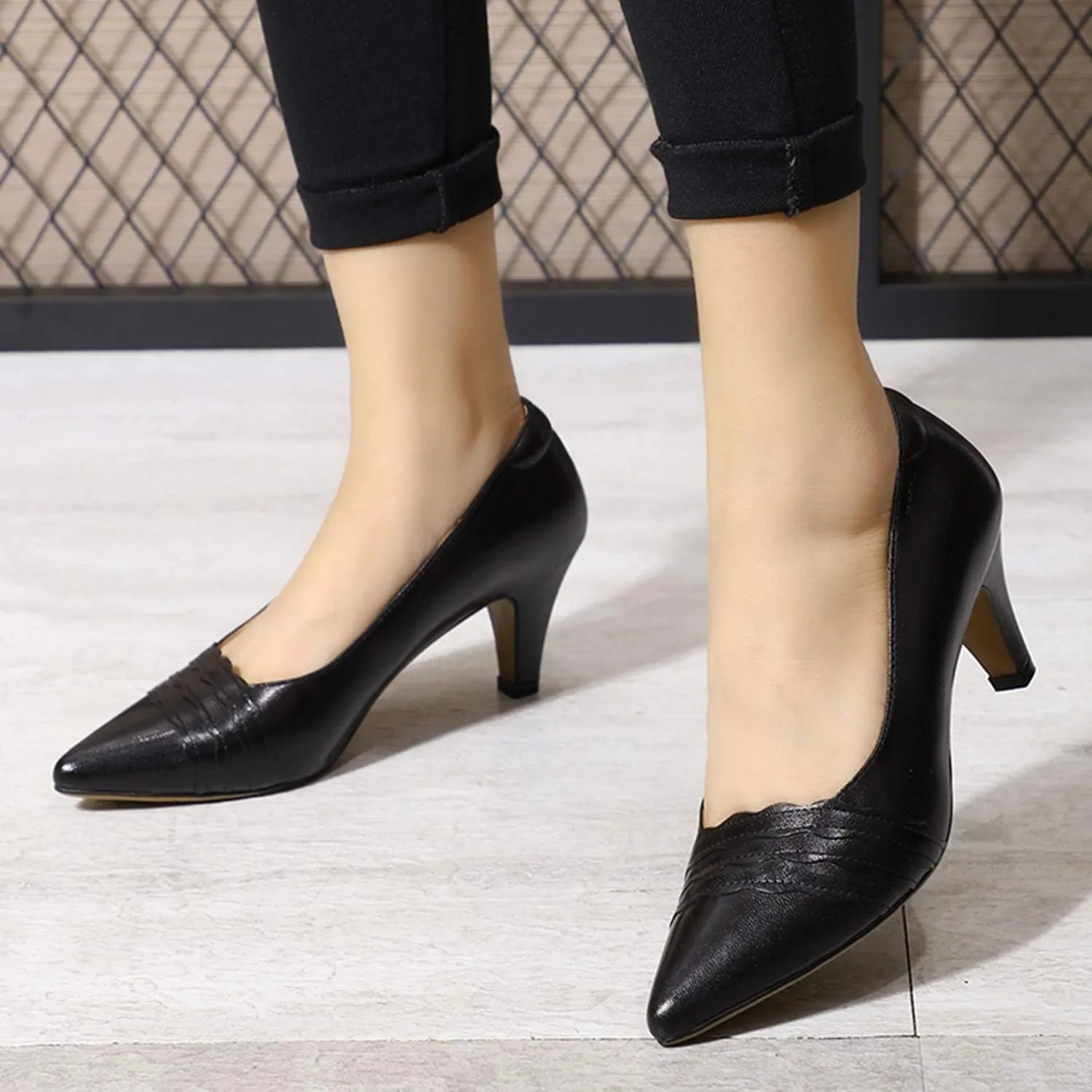 Mona flying Womens Leather Comfortable Pointed Toe Pumps 7cm High Heels Dressy Casual Office Work Shoes for Ladies