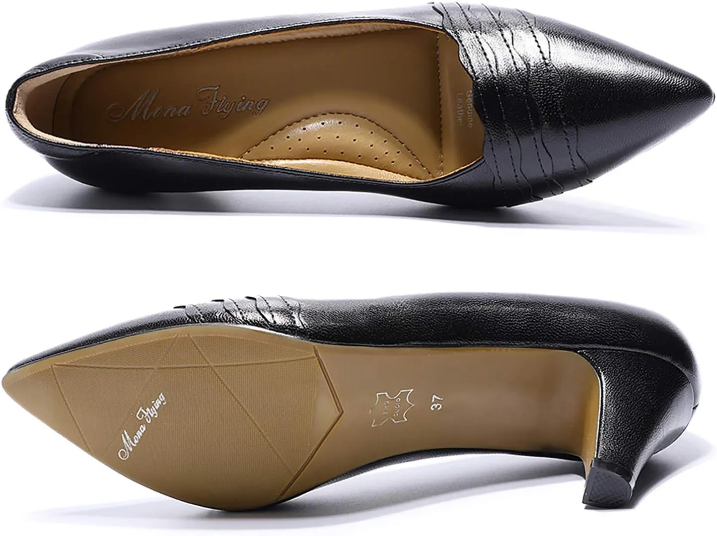 Mona flying Womens Leather Comfortable Pointed Toe Pumps 7cm High Heels Dressy Casual Office Work Shoes for Ladies