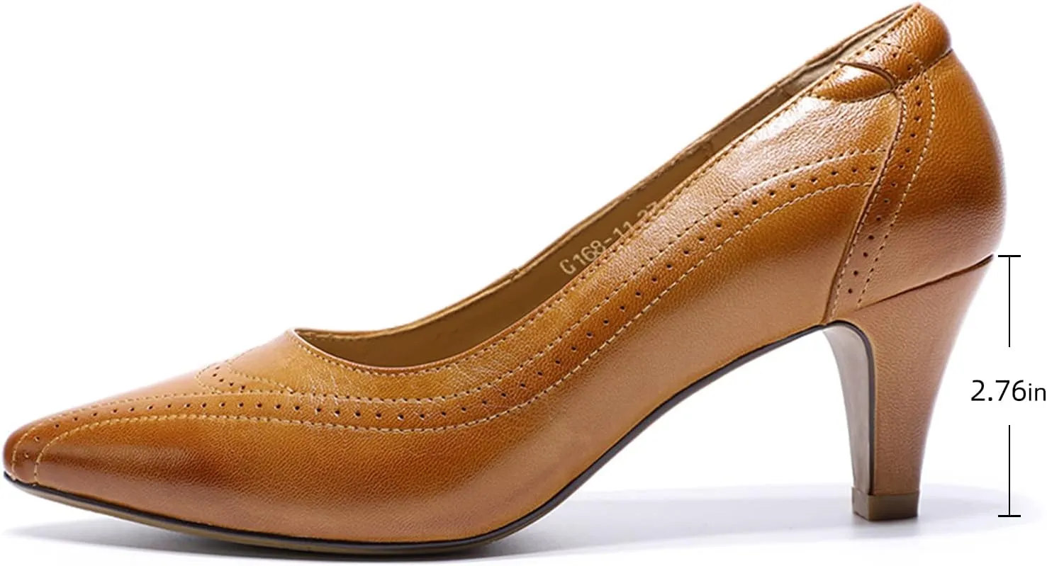 Mona flying Womens Leather Comfortable Pointed Toe Pumps 7cm High Heels Dressy Casual Office Work Shoes for Ladies