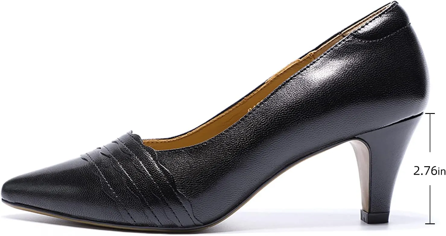 Mona flying Womens Leather Comfortable Pointed Toe Pumps 7cm High Heels Dressy Casual Office Work Shoes for Ladies