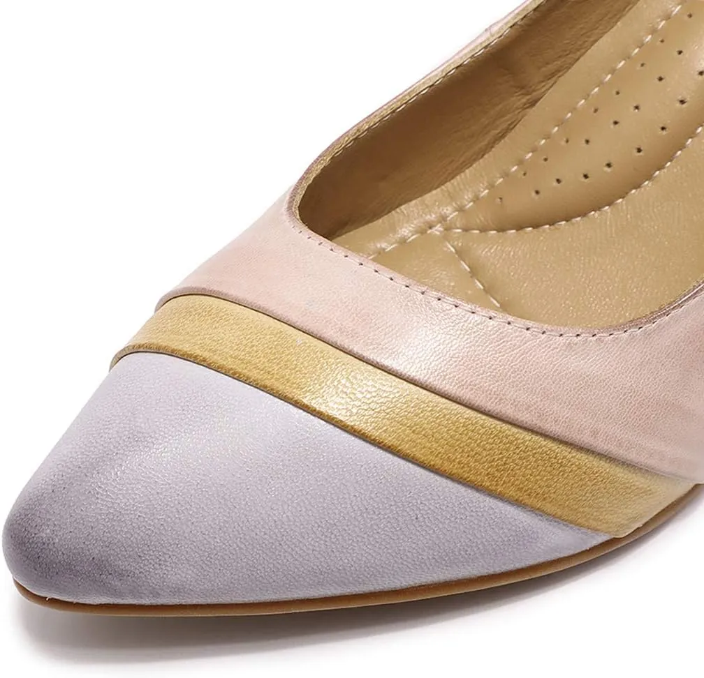 Mona flying Women's Leather Pump Med Heel Pointed Toe Office Dress Shoes for Ladies