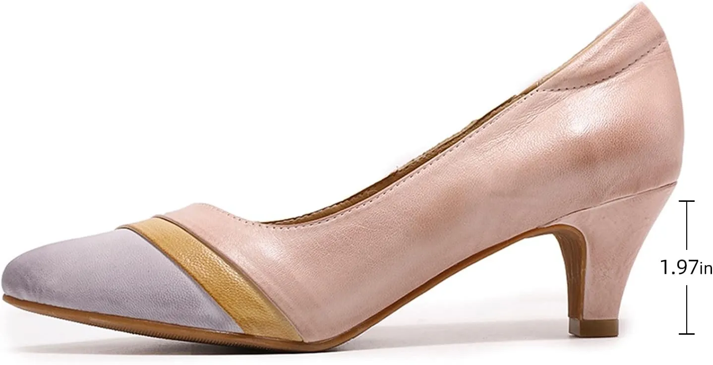 Mona flying Women's Leather Pump Med Heel Pointed Toe Office Dress Shoes for Ladies