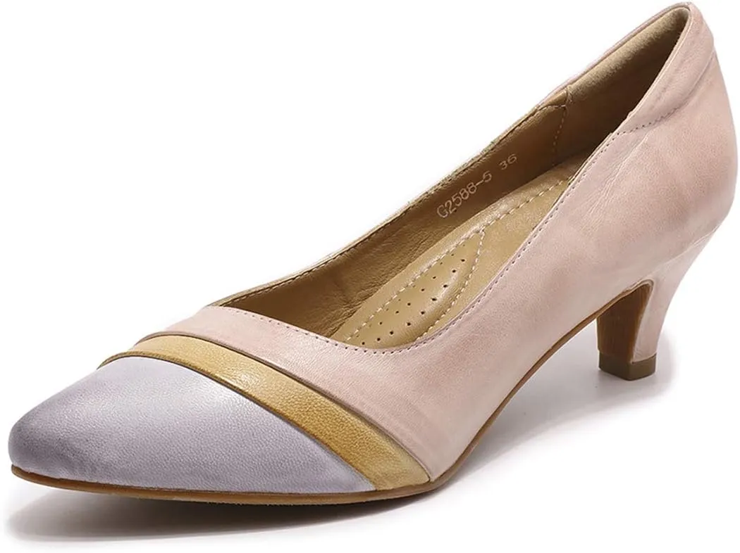 Mona flying Women's Leather Pump Med Heel Pointed Toe Office Dress Shoes for Ladies