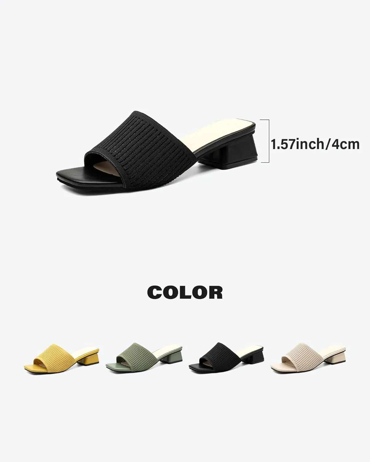 Mousse FIT Breathable Flywoven Women's Square Toe Sandals, Chunky Block Heel Mules