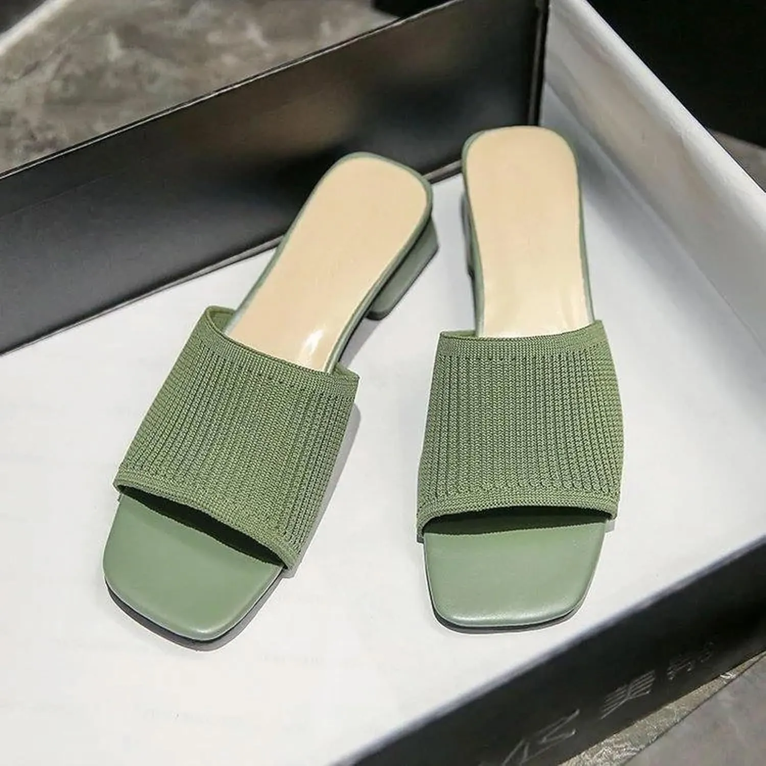 Mousse FIT Breathable Flywoven Women's Square Toe Sandals, Chunky Block Heel Mules