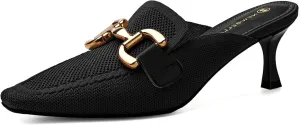 Mousse FIT Women's Knitted Square Toe Mules - Breathable High Heel Slides with Chain Strap Design