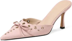 Mules for Women Black Kitten Heels Suede Closed Pointed Toe Kitten Pumps Slip On Bow Shoes Dress Sandals