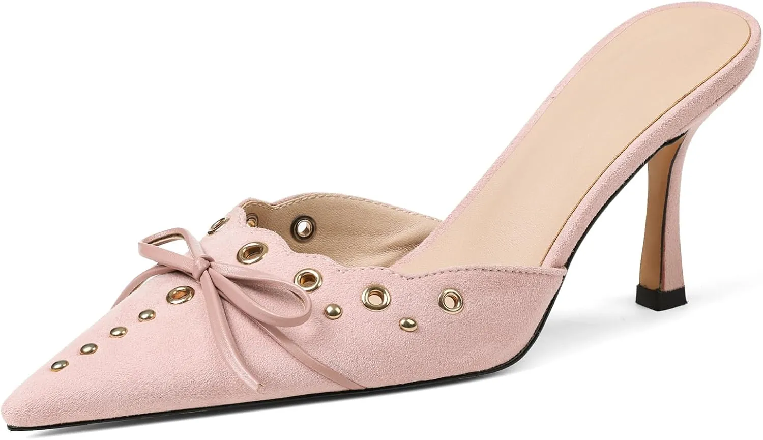Mules for Women Black Kitten Heels Suede Closed Pointed Toe Kitten Pumps Slip On Bow Shoes Dress Sandals
