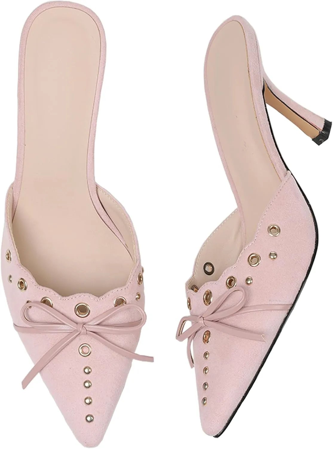 Mules for Women Black Kitten Heels Suede Closed Pointed Toe Kitten Pumps Slip On Bow Shoes Dress Sandals