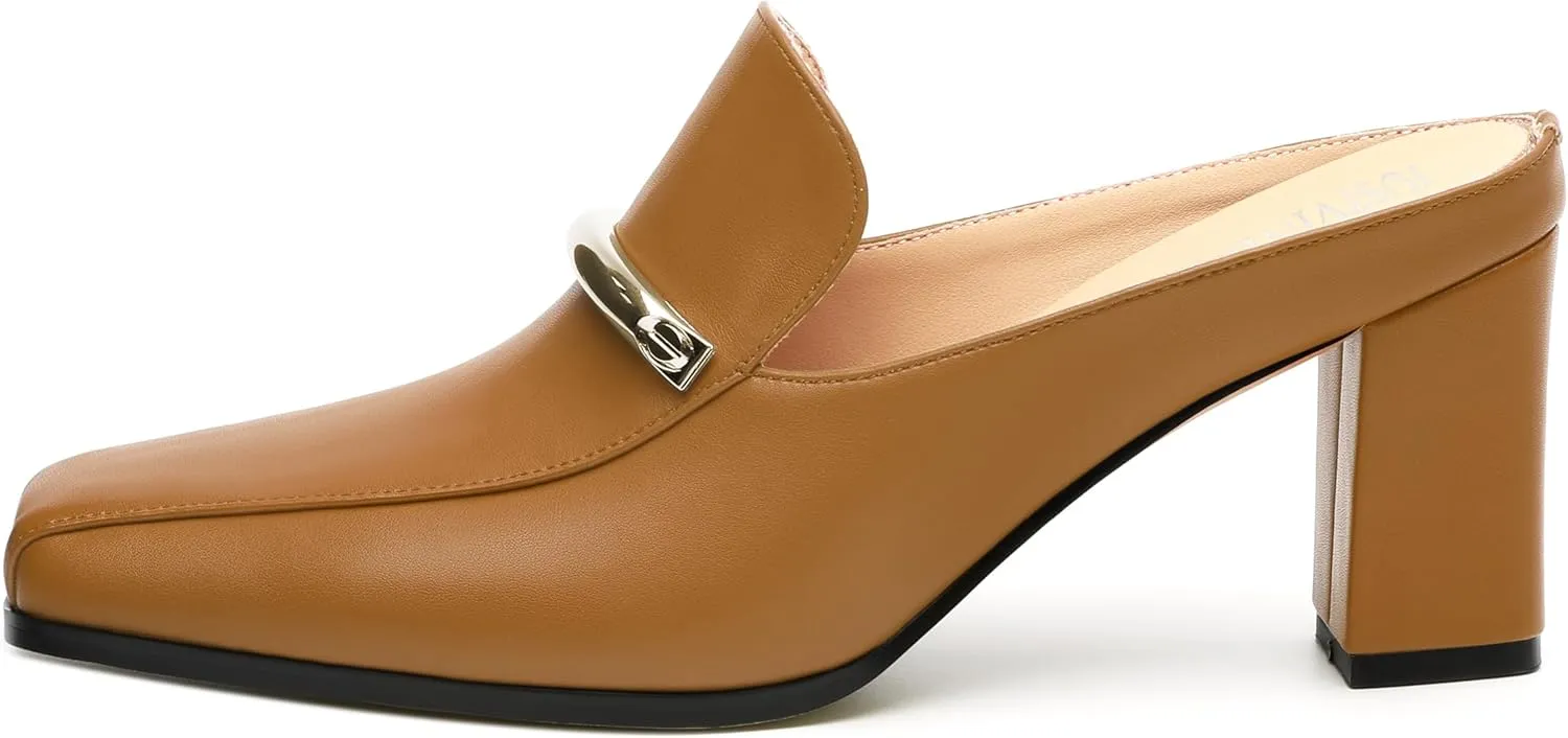 Mules High Heels for Women Loafers Shoes Chunky Heel Closed Square Toe Heeled Sandals Slip On Wedding Office Work Dressy Shoes 3 Inch