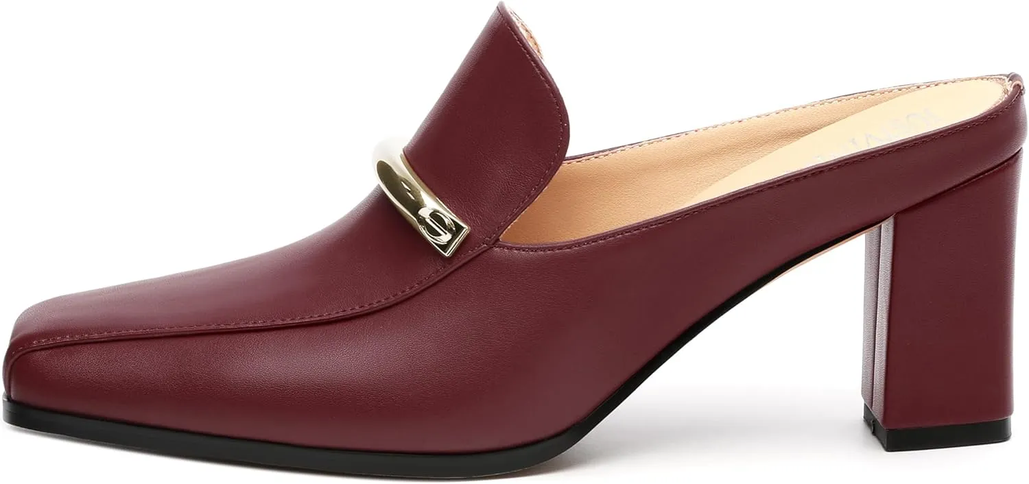 Mules High Heels for Women Loafers Shoes Chunky Heel Closed Square Toe Heeled Sandals Slip On Wedding Office Work Dressy Shoes 3 Inch