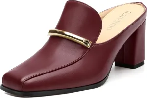 Mules High Heels for Women Loafers Shoes Chunky Heel Closed Square Toe Heeled Sandals Slip On Wedding Office Work Dressy Shoes 3 Inch