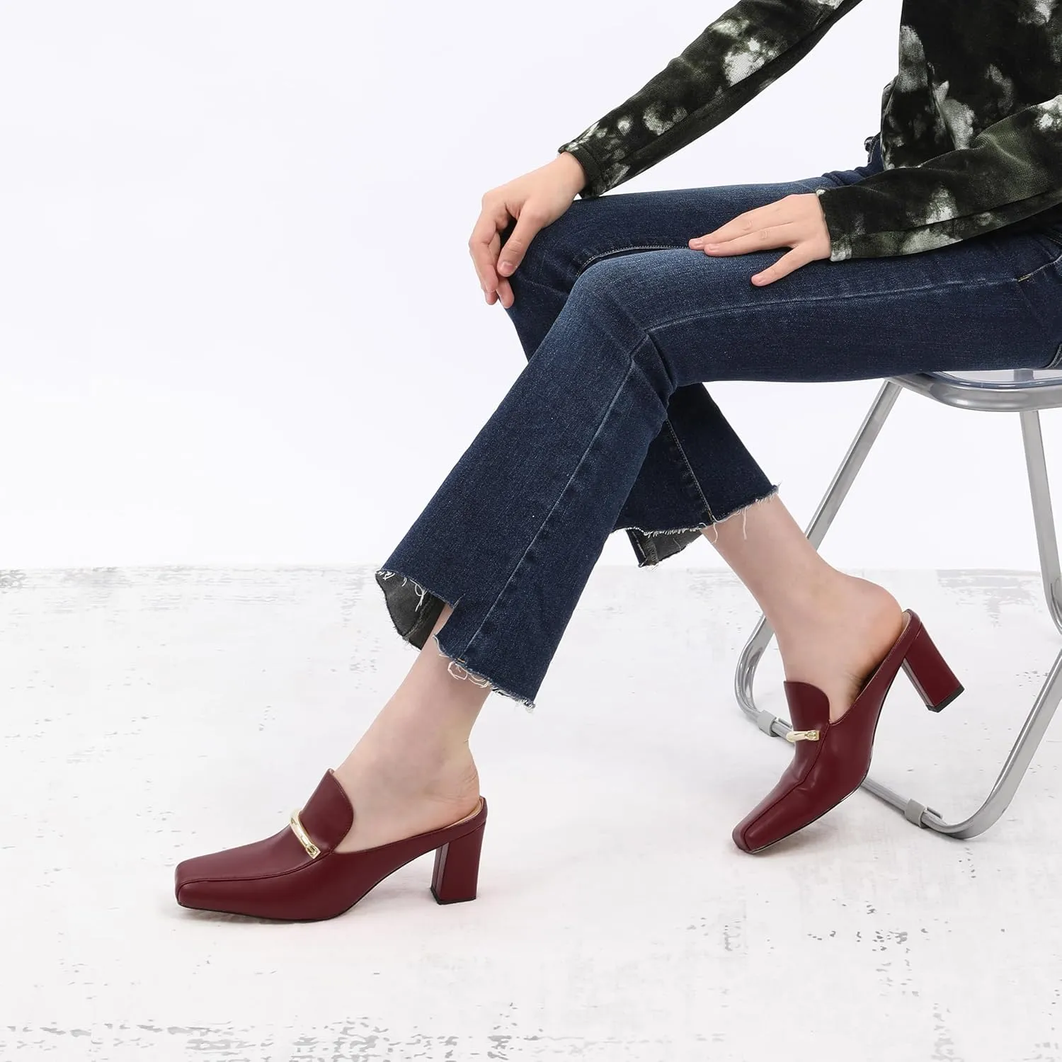 Mules High Heels for Women Loafers Shoes Chunky Heel Closed Square Toe Heeled Sandals Slip On Wedding Office Work Dressy Shoes 3 Inch