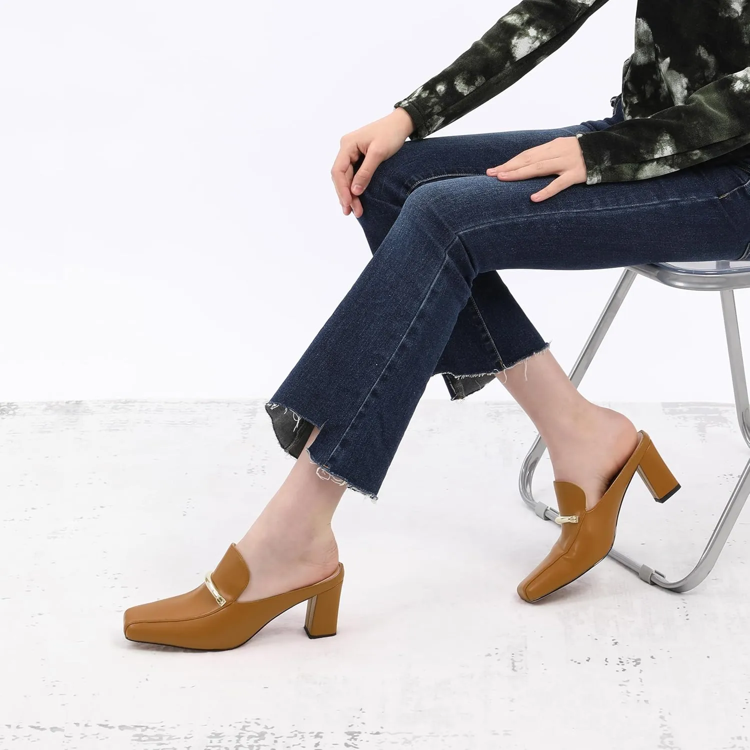 Mules High Heels for Women Loafers Shoes Chunky Heel Closed Square Toe Heeled Sandals Slip On Wedding Office Work Dressy Shoes 3 Inch