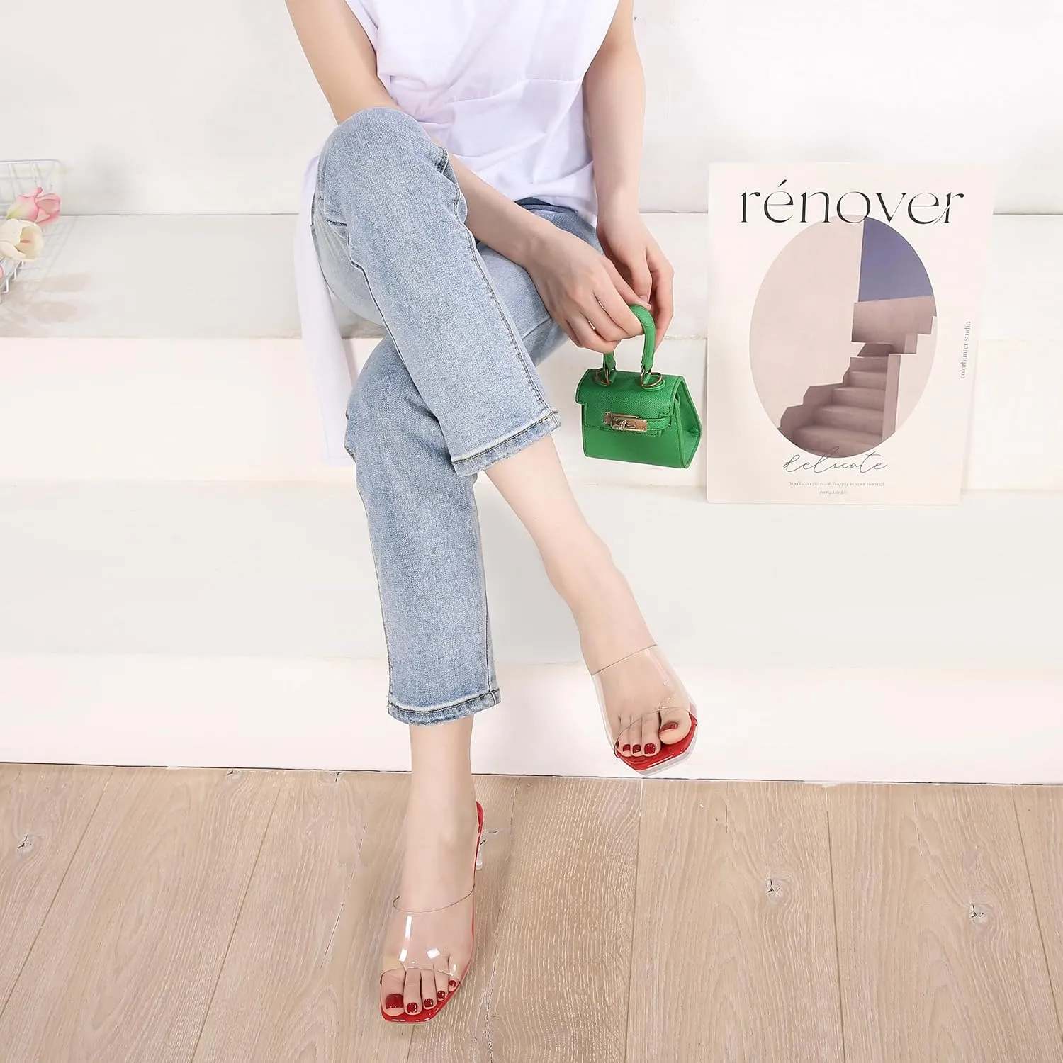 NBUUNBU Chunky Heels for Women Clear Platform Heels Sexy Block High Heels Sandals Square Toe Open Toe Transparent Strap Comfortable Dress Shoes Slip on Mules
