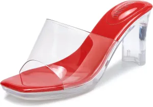NBUUNBU Chunky Heels for Women Clear Platform Heels Sexy Block High Heels Sandals Square Toe Open Toe Transparent Strap Comfortable Dress Shoes Slip on Mules