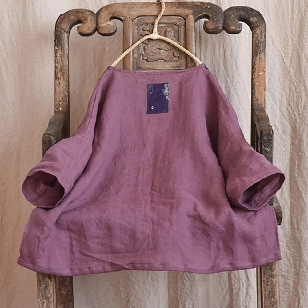NFYM Summer Tops for Women Linen Patchwork Shirt Pullover Tops Round Collar 3/4 Sleeve Casual Blouses