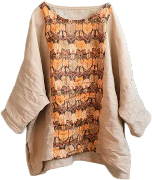 NFYM Summer Tops for Women Linen Patchwork Shirt Pullover Tops Round Collar 3/4 Sleeve Casual Blouses