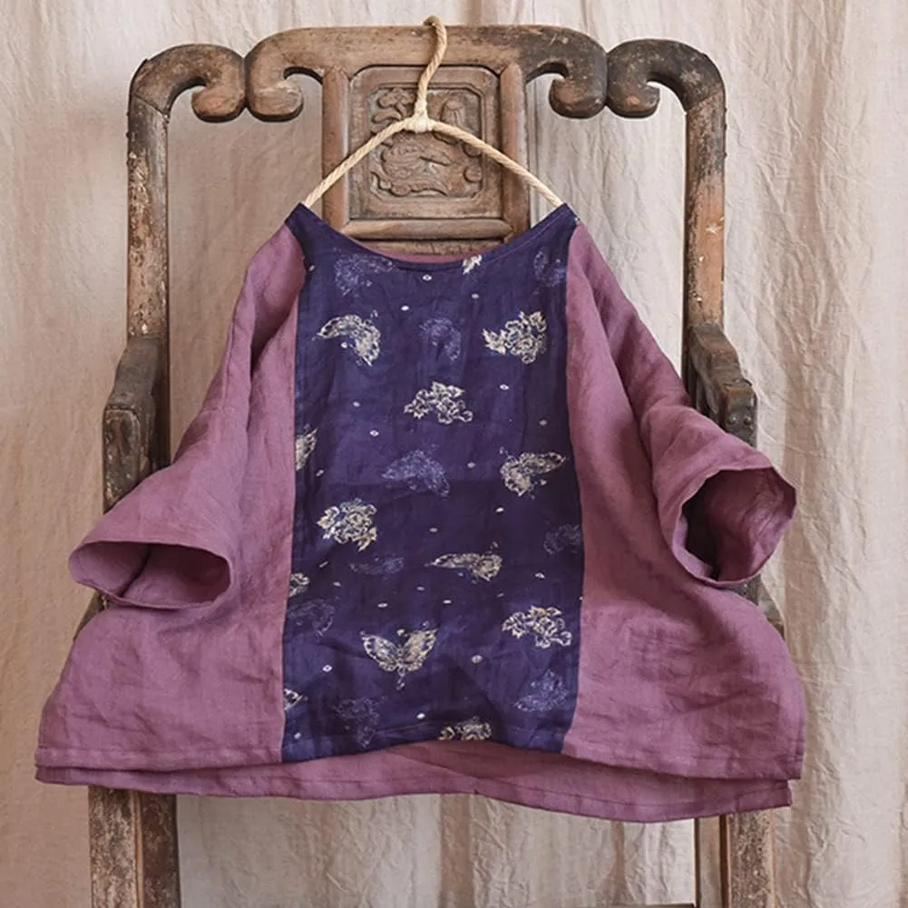 NFYM Summer Tops for Women Linen Patchwork Shirt Pullover Tops Round Collar 3/4 Sleeve Casual Blouses