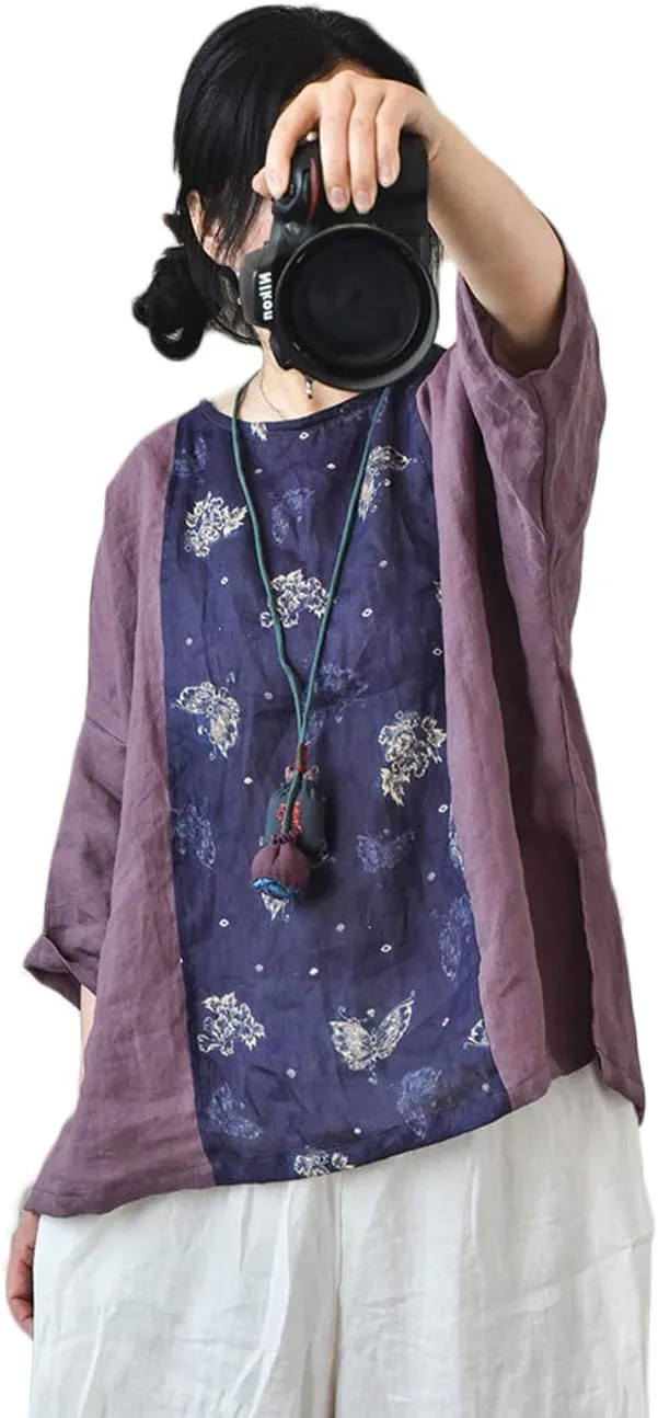 NFYM Summer Tops for Women Linen Patchwork Shirt Pullover Tops Round Collar 3/4 Sleeve Casual Blouses