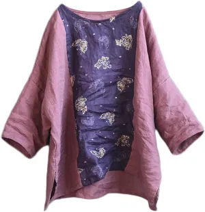 NFYM Summer Tops for Women Linen Patchwork Shirt Pullover Tops Round Collar 3/4 Sleeve Casual Blouses