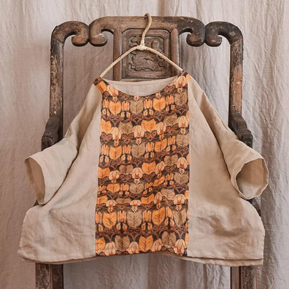 NFYM Summer Tops for Women Linen Patchwork Shirt Pullover Tops Round Collar 3/4 Sleeve Casual Blouses