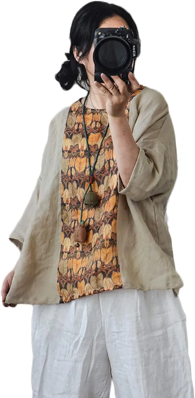 NFYM Summer Tops for Women Linen Patchwork Shirt Pullover Tops Round Collar 3/4 Sleeve Casual Blouses