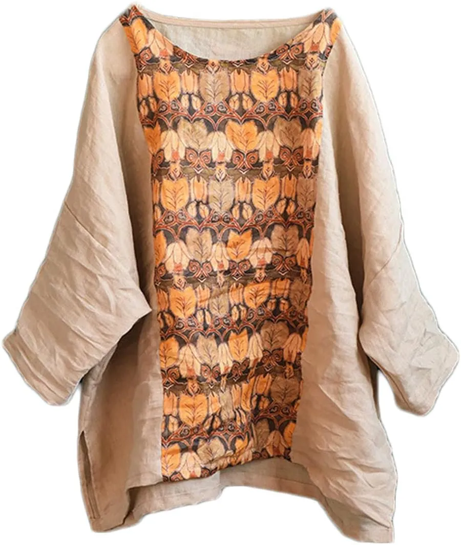 NFYM Summer Tops for Women Linen Patchwork Shirt Pullover Tops Round Collar 3/4 Sleeve Casual Blouses