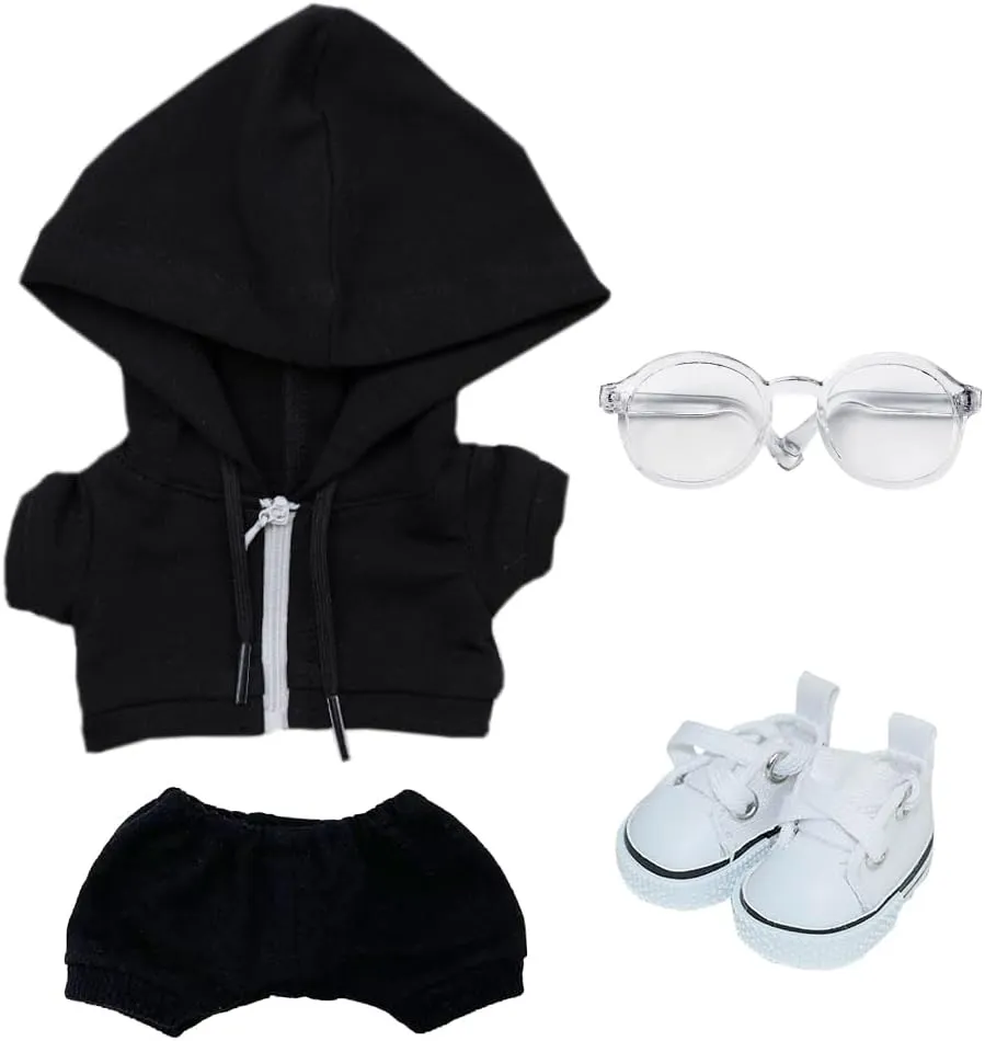 niannyyhouse 10cm 15cm 20cm Plush Doll Clothes Hoodie Pants Glasses Canvas Shoes Sportswear Outfit Soft Stuffed Toy Dressup (Black-15cm)