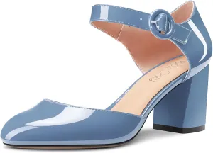 NobleOnly Women Mid Chunky Block Heel Round Toe Buckle Two-Piece Pumps Cute Dress Party Shoes 2.6 Inches Heels