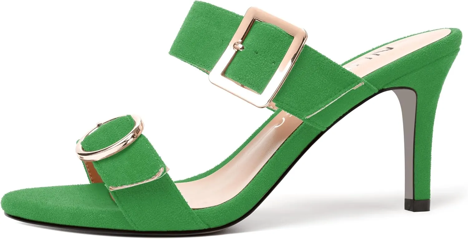 NUMALEO Womens Evening Sexy Round Toe Slip On Two Strap Buckle Suede Stiletto High Heel Heeled Sandals 3.3 Inch