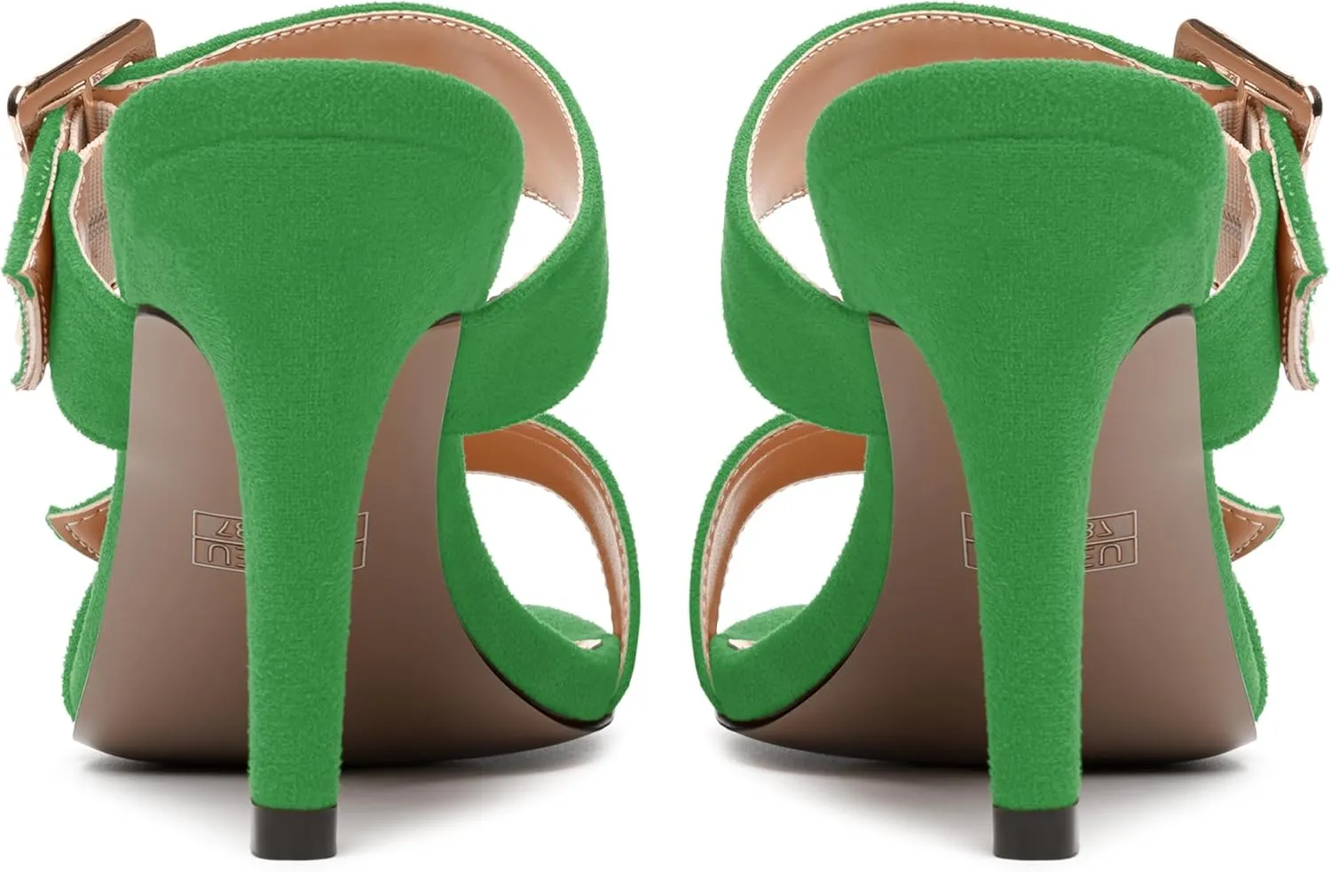 NUMALEO Womens Evening Sexy Round Toe Slip On Two Strap Buckle Suede Stiletto High Heel Heeled Sandals 3.3 Inch