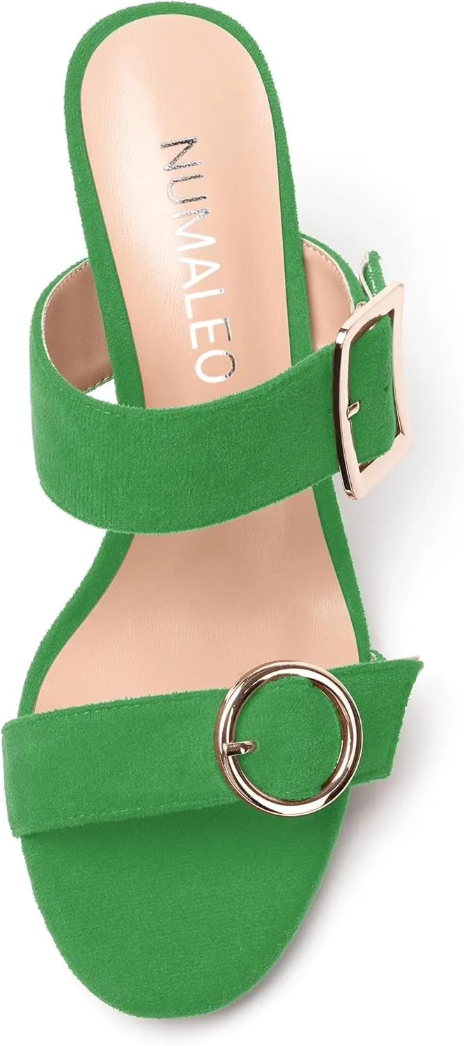 NUMALEO Womens Evening Sexy Round Toe Slip On Two Strap Buckle Suede Stiletto High Heel Heeled Sandals 3.3 Inch