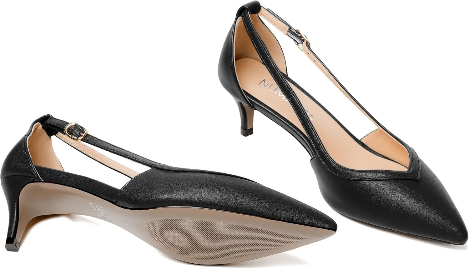 NUMALEO Womens Matte Office Adjustable Strap Solid Casual Pointed Toe Buckle Kitten Low Heel Pumps Shoes 2 Inch