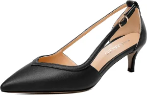 NUMALEO Womens Matte Office Adjustable Strap Solid Casual Pointed Toe Buckle Kitten Low Heel Pumps Shoes 2 Inch