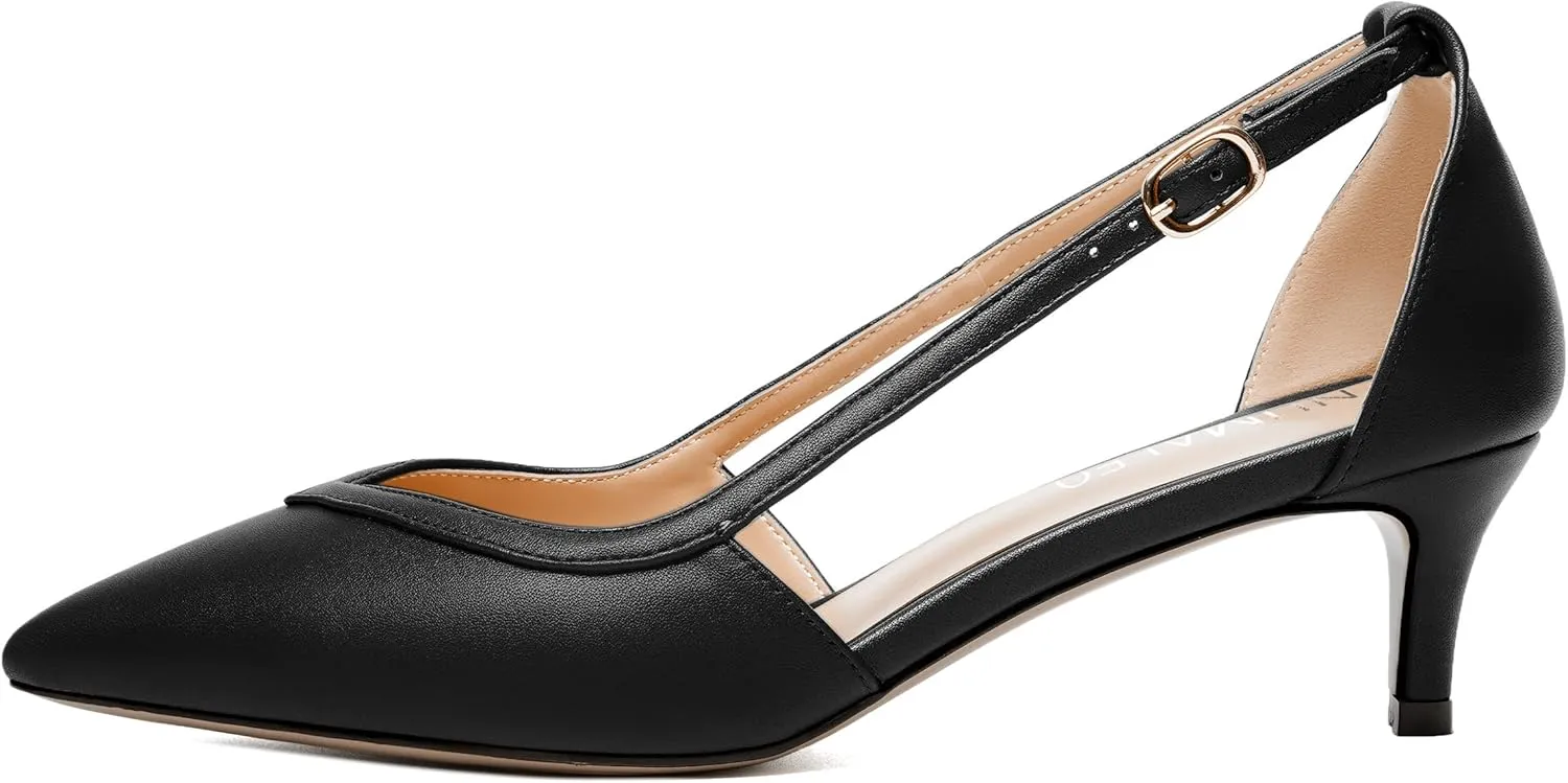 NUMALEO Womens Matte Office Adjustable Strap Solid Casual Pointed Toe Buckle Kitten Low Heel Pumps Shoes 2 Inch