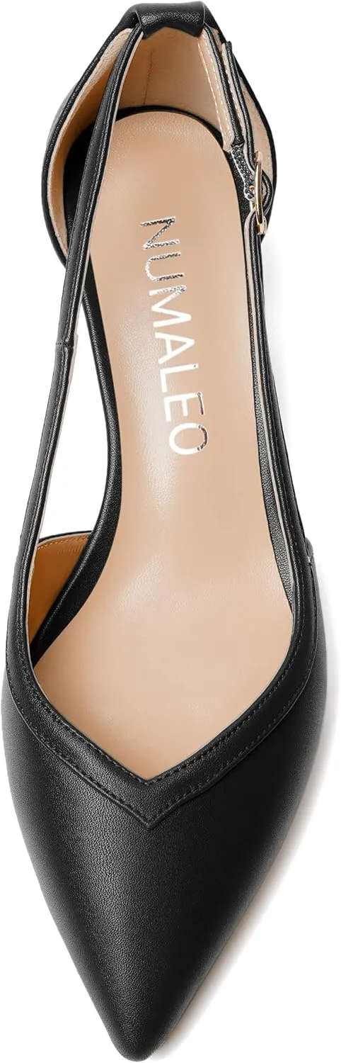NUMALEO Womens Matte Office Adjustable Strap Solid Casual Pointed Toe Buckle Kitten Low Heel Pumps Shoes 2 Inch