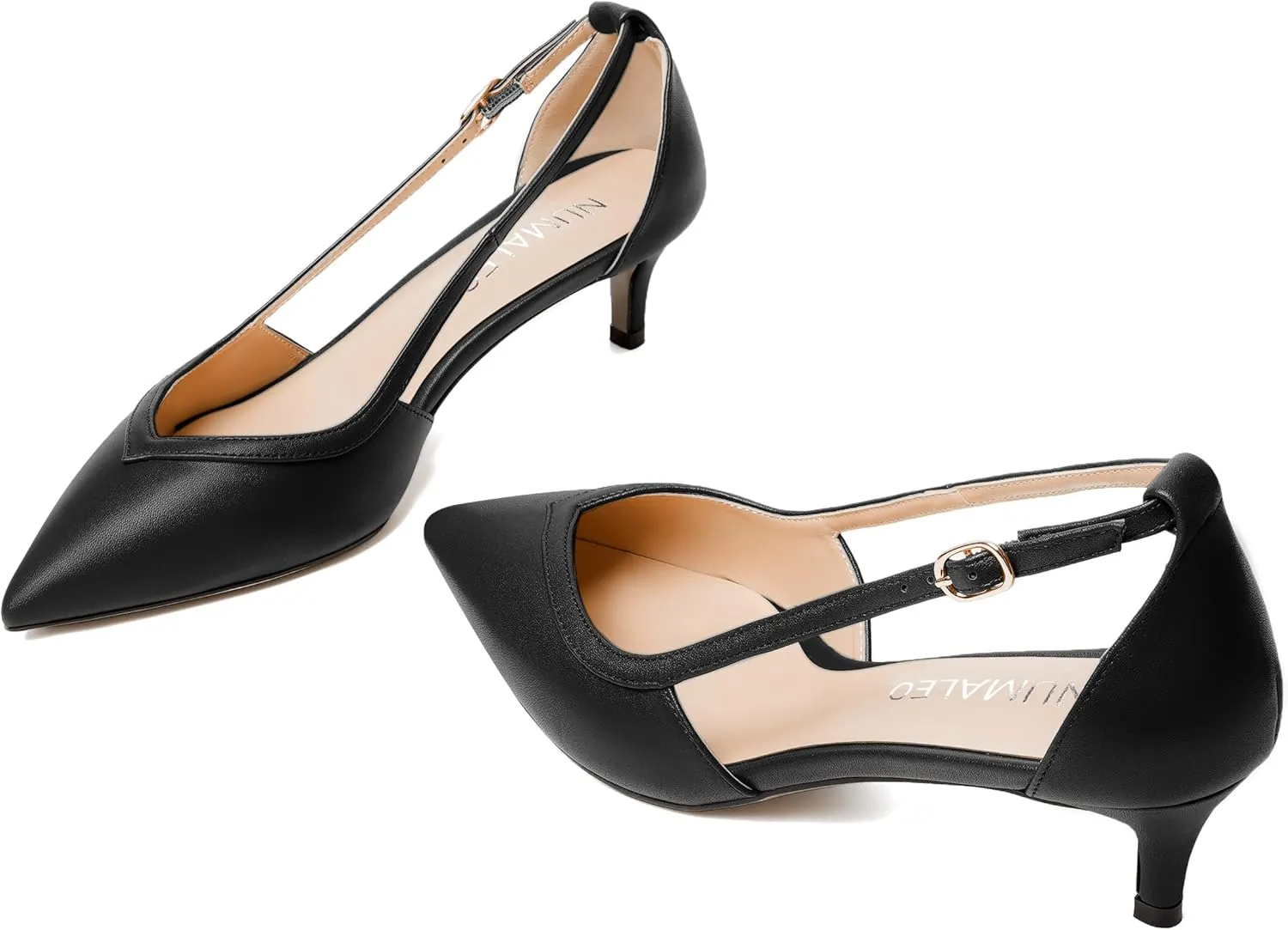 NUMALEO Womens Matte Office Adjustable Strap Solid Casual Pointed Toe Buckle Kitten Low Heel Pumps Shoes 2 Inch