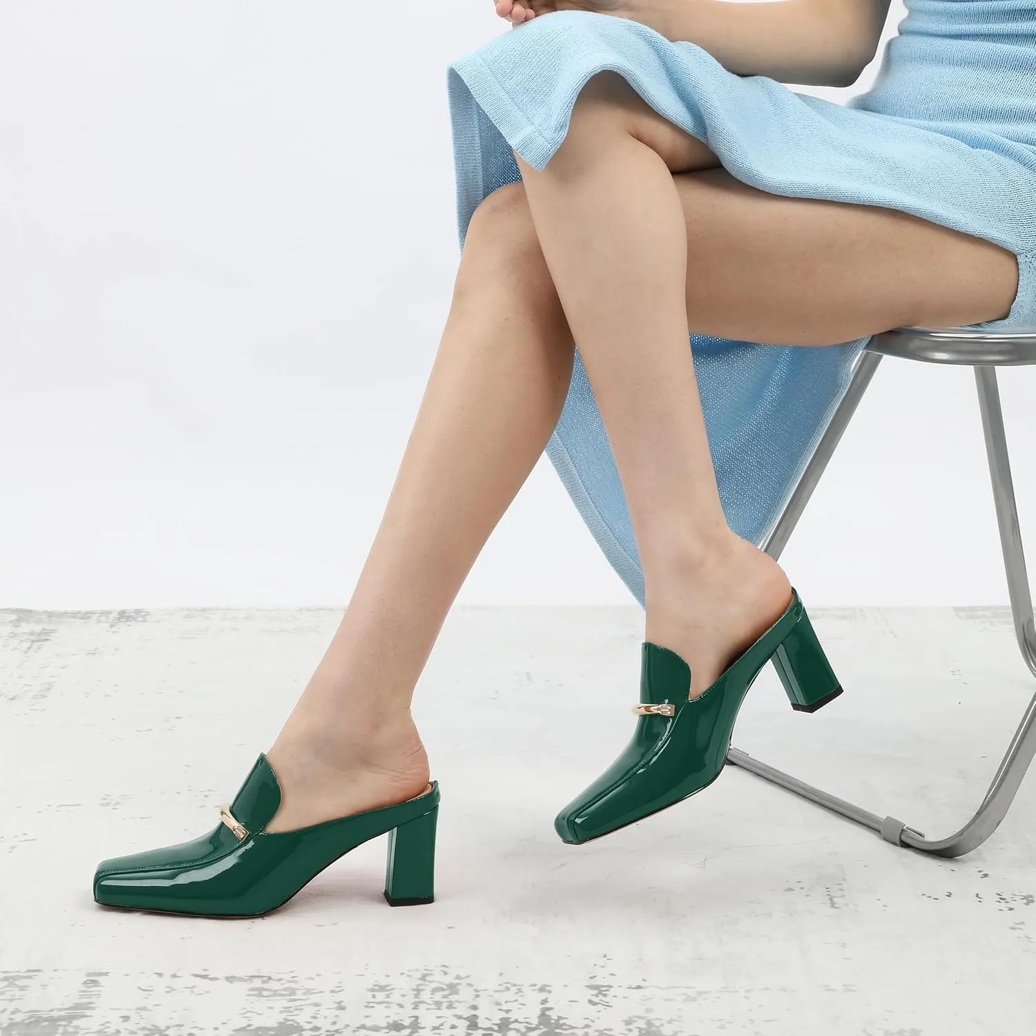 NUMALEO Womens Mules Chunky Block Heel Loafers Slip On Heeled Mules Closed Square Toe Heels Mules for Women Comfortable Dressy Backless Loafers Shoes for Office Work Casual
