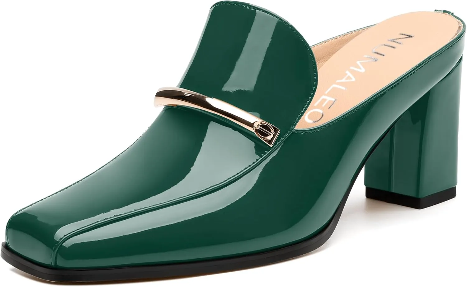 NUMALEO Womens Mules Chunky Block Heel Loafers Slip On Heeled Mules Closed Square Toe Heels Mules for Women Comfortable Dressy Backless Loafers Shoes for Office Work Casual