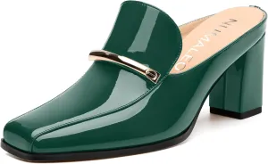 NUMALEO Womens Mules Chunky Block Heel Loafers Slip On Heeled Mules Closed Square Toe Heels Mules for Women Comfortable Dressy Backless Loafers Shoes for Office Work Casual