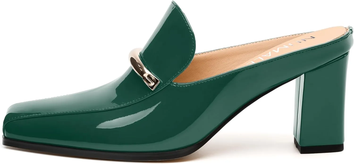 NUMALEO Womens Mules Chunky Block Heel Loafers Slip On Heeled Mules Closed Square Toe Heels Mules for Women Comfortable Dressy Backless Loafers Shoes for Office Work Casual