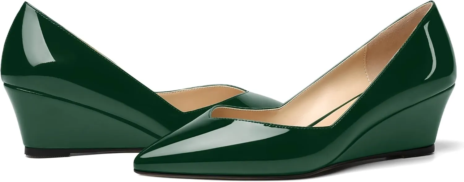 NUMALEO Womens Office Patent Pointed Toe Casual Slip On Solid Wedge Low Heel Pumps Shoes 2 Inch