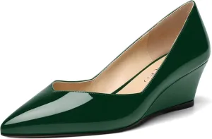 NUMALEO Womens Office Patent Pointed Toe Casual Slip On Solid Wedge Low Heel Pumps Shoes 2 Inch