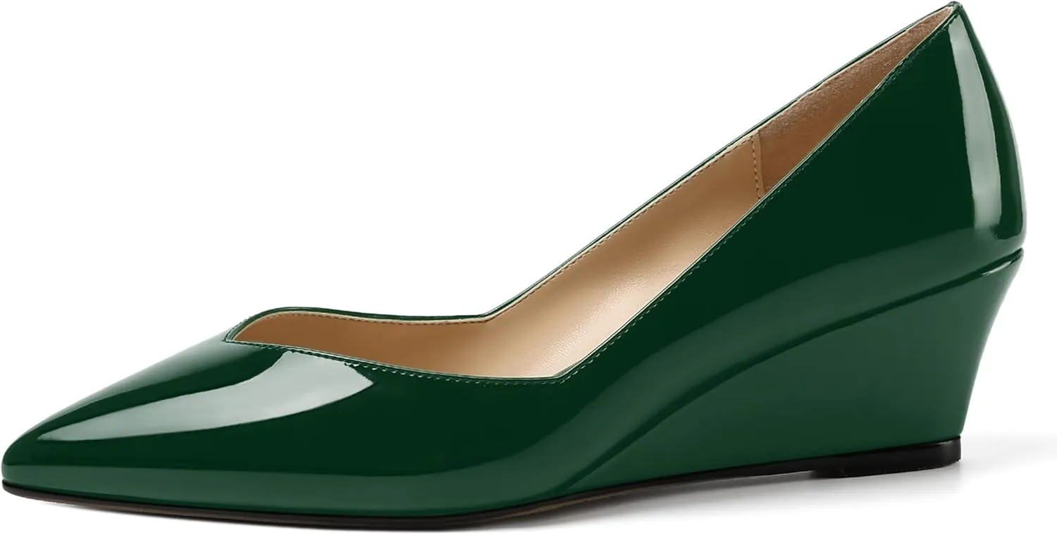 NUMALEO Womens Office Patent Pointed Toe Casual Slip On Solid Wedge Low Heel Pumps Shoes 2 Inch