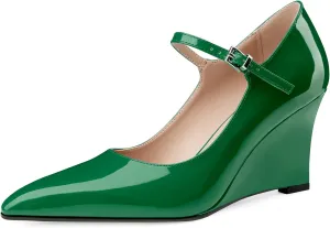 Oh Mispares Women's Wedge Heel Pumps Pointed Toe Mary Jane High Heels Adjustable Strap Elegant Closed Toe Wedding Bride Office Dress Shoes 3 Inches