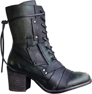 oiangi Women's Shoes Fashion Casual Laceing Mid Thick Heel Rivets Zipper Comfortable Trendy Shoes Mid Leather Boots